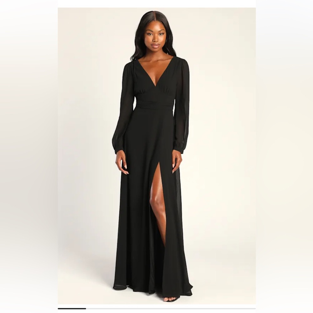 Lulu's Black Long Sleeve V-Neck Maxi Dress with High Front Slit